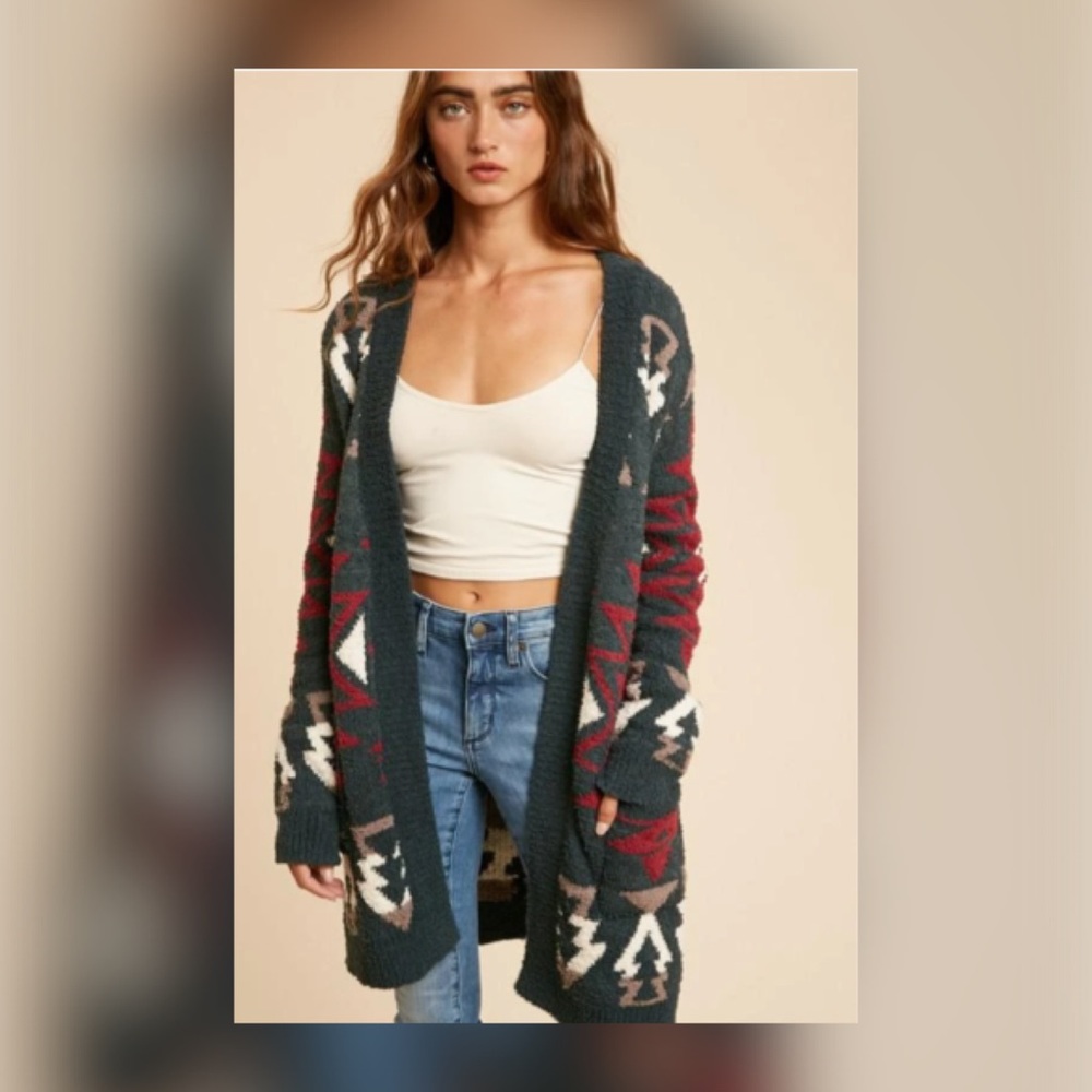 Boho Aztec Tribal Print Cardigan Color Charcoal - Picture 5 of 11